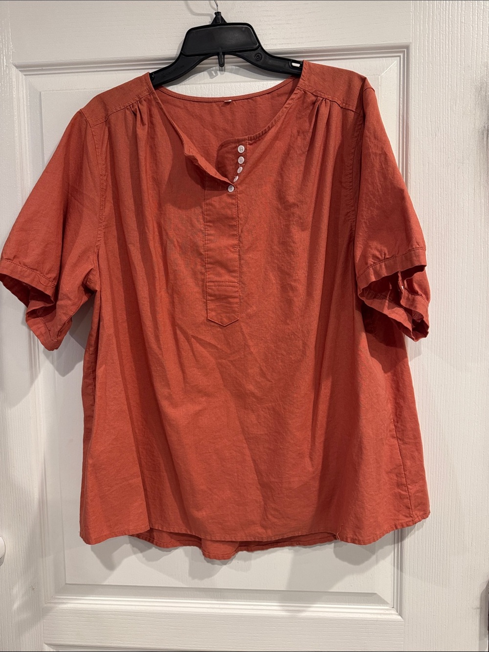 Woman’s Casual Short-Sleeve Henley Shirt - Rust/burnt Orange